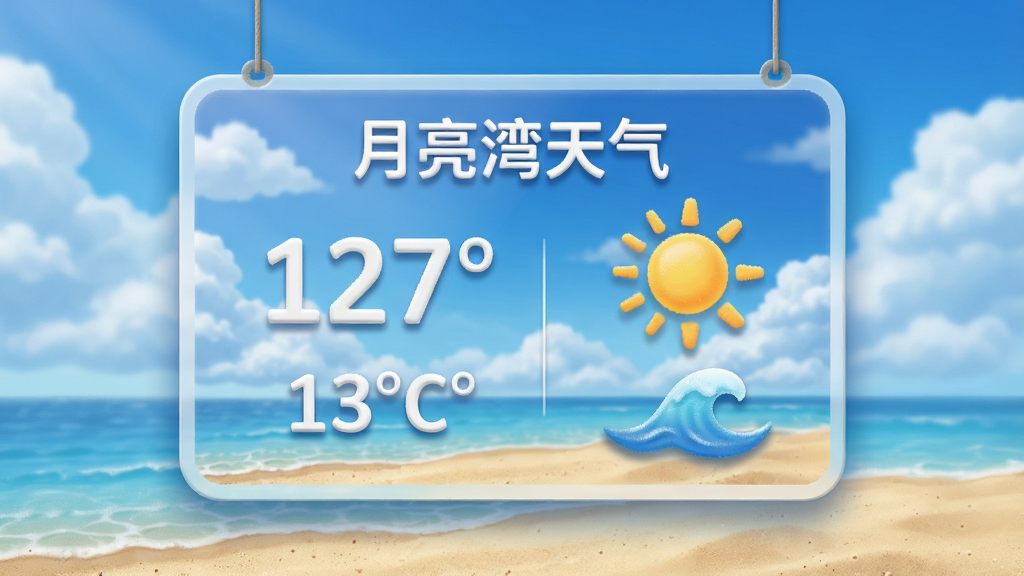 主体是一个大尺寸的天气信息展示卡片,卡片中央写着“月亮湾天气”,背景是蓝天白云和沙滩。布局为卡片居中悬浮,风格为拟物化设计,细节包括温度数字、太阳图标和波浪图标,画质细腻,干净,无多余元素。