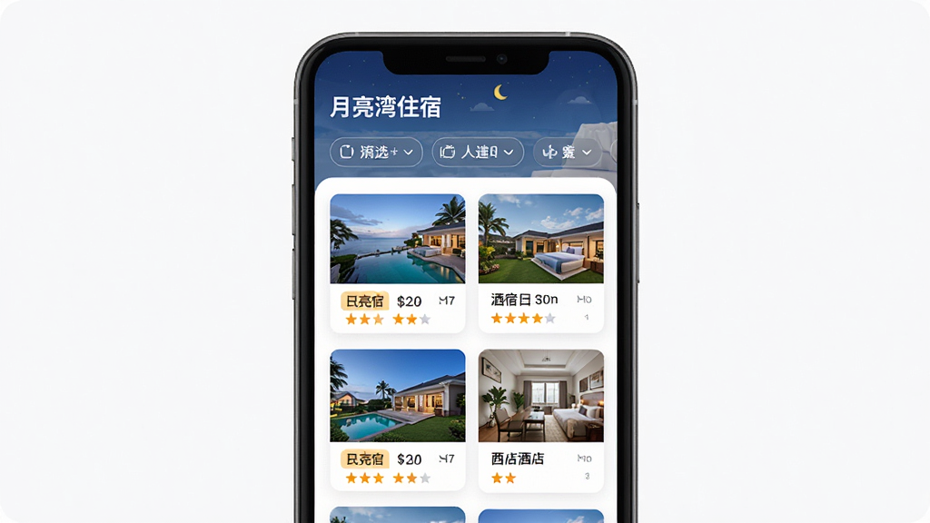 主体是手机界面展示酒店列表,顶部有“月亮湾住宿”标题。布局为上下结构,上方是筛选栏,下方是民宿和酒店的缩略图卡片。排版整齐,风格为现代UI设计风格,细节包括价格标签和星级评分,画质高清,干净,无多余元素。
