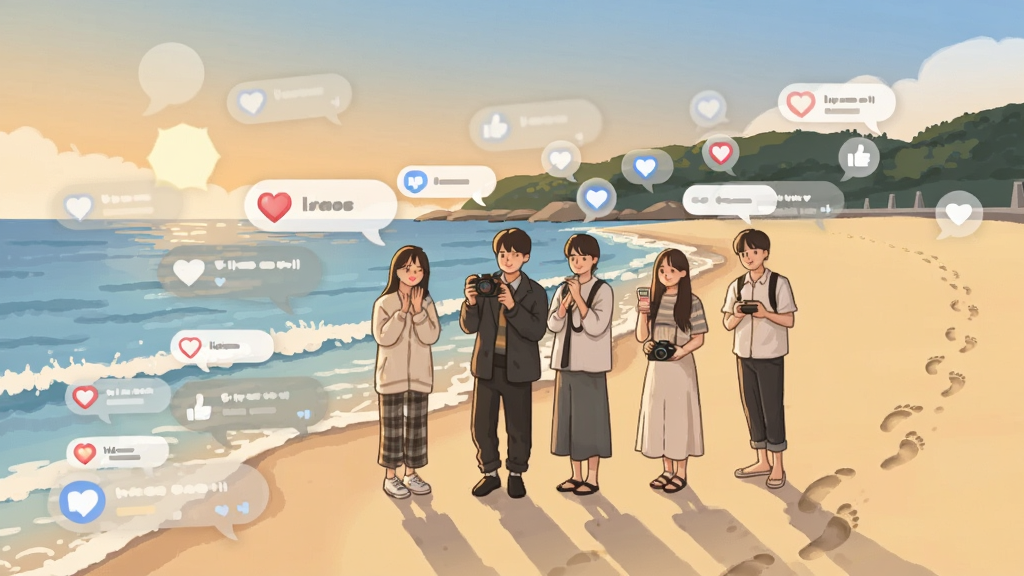 主体是几位年轻人在月亮湾沙滩上拍照留念的场景,画面中漂浮着多个社交媒体风格的点赞和评论气泡。布局为全景式,风格为温暖治愈的日系插画,细节包括海浪、脚印和相机,画质唯美,干净,无多余元素。