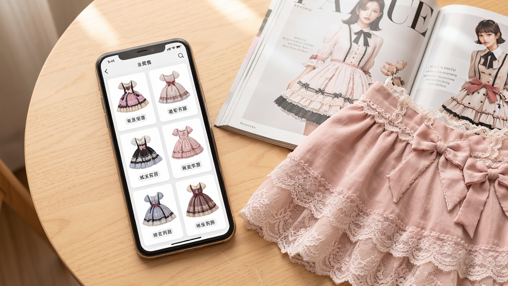 һ��չʾ����ȹϻӦ����ȹװͼ�����ܵ�ͼƬ����������Ϊһ���ֻ���Ļ����Ļ�ϳ����������е�������ȹװ��Ƭ�б���ÿ�ſ�Ƭ����ȹ������ͼ�ͱ�ǩ���ֻ��Ա߷���һ����ʵ�ķ�ɫ��˿ȹ��һ���򿪵�ʱ����־��������ǳľɫ���棬���������ů������������£�ϸ�ڷḻ�������������ɾ��޶���Ԫ�أ������в������κ����֡�