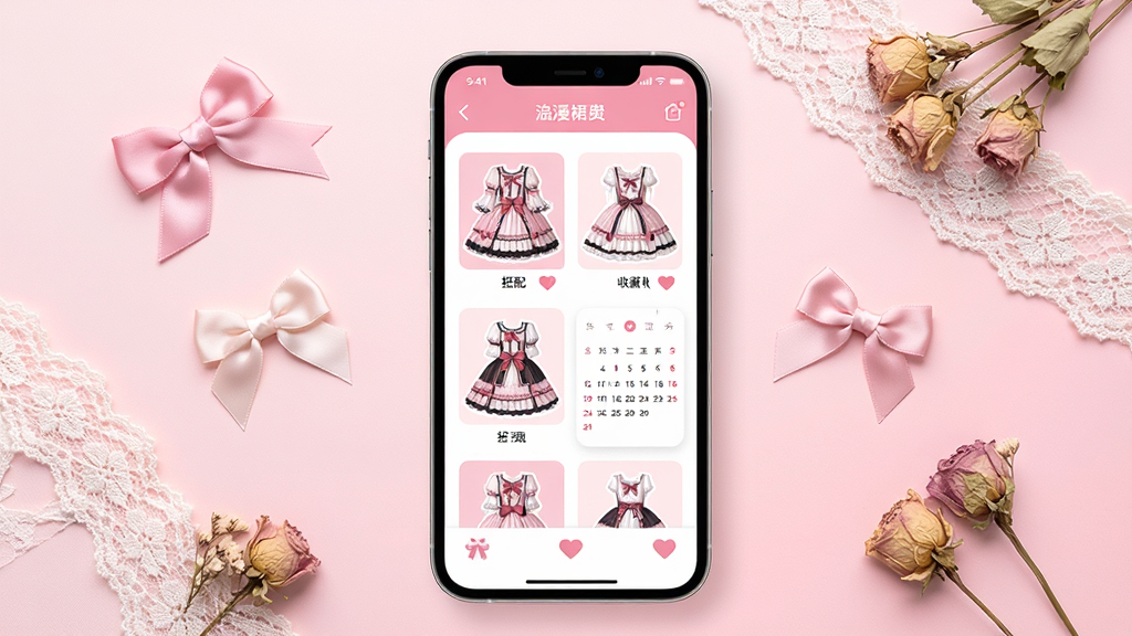 һ��������ȹϻΪ������ֻ�Ӧ�ý���չʾͼ�������������һ���ִ������ֻ�����Ļ����ʾ��ɫ���ɫΪ����ȹװ����Ӧ�ý��棬�������ж��������ȹ������ͼ�������������ղ�����ͼ�ꡣ�ֻ���Χɢ���ż������µ�С�����ᡢ��˿���ߺ͸ɻ�װ�Ρ�����Ϊ��͵�ǳ��ɫ���䣬�������������ϸ�ھ��£����ʸ��壬�ɾ��޶���Ԫ�أ������в������κ����֡�