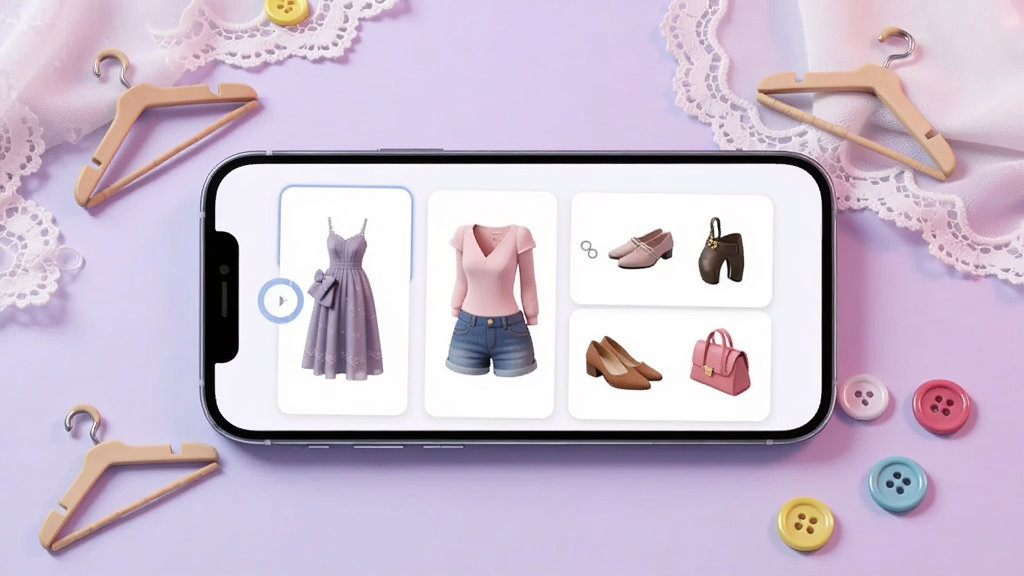 һ��չʾ����ȹϻ����ģ�⹦�ܵ�ͼƬ��������һ���ֻ�������ʾ����Ļ����ȹװ�����¡�Ь�Ӻ����ε���ק������档�ֻ��Ա�ɢ���ż��������¼ܡ���˿���ϺͲ�ɫŦ�ۡ�����Ϊǳ��ɫ���䣬����λ�������ϸ�ڷḻ�����ʸ��壬�ɾ��޶���Ԫ�أ������в������κ����֡�