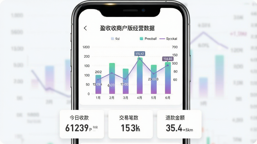 һ��չʾӯ�����̻��澭Ӫ���ݿ����ͼƬ��������һ���ֻ���Ļ����Ļ����ʾ��״ͼ������ͼ��ͼ������Ϊ��ӯ�����̻��澭Ӫ���ݡ������沼��Ϊ���й�ͼ���ֻ��·������ݿ�Ƭչʾ�����տ���ױ������˿�����Ϊ��ƽ�����ݿ��ӻ����ϸ�ڰ���ͼ���Ľ���ɫ�����ݱ�ǩ���ֻ��߿�ĸ߹⣬�����������ɾ����޶���Ԫ��