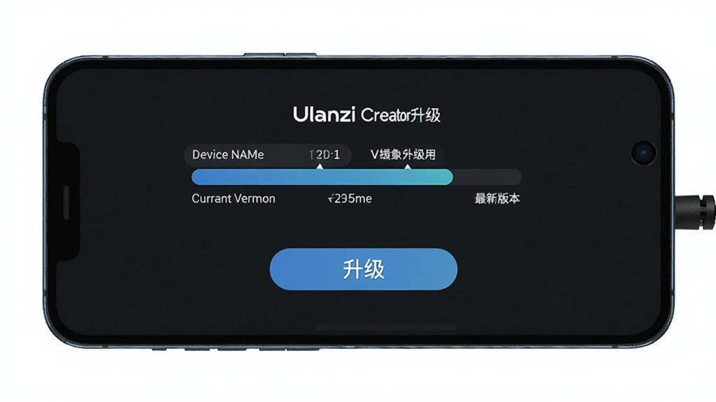 Ulanzi Creator 固件升级界面,主体为手机屏幕显示升级进度条与版本号,布局居中,排版简洁,风格科技感,细节包括设备名称、当前版本、最新版本、升级按钮,画质高清,干净,无多余元素