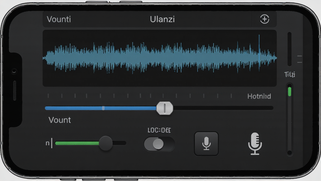Ulanzi Creator 音频控制界面,主体为手机屏幕显示波形图与增益滑块,布局上下结构,排版清晰,风格音频工作站风格,细节包括音量条、降噪开关、监听按钮、麦克风图标,画质清晰,干净,无多余元素