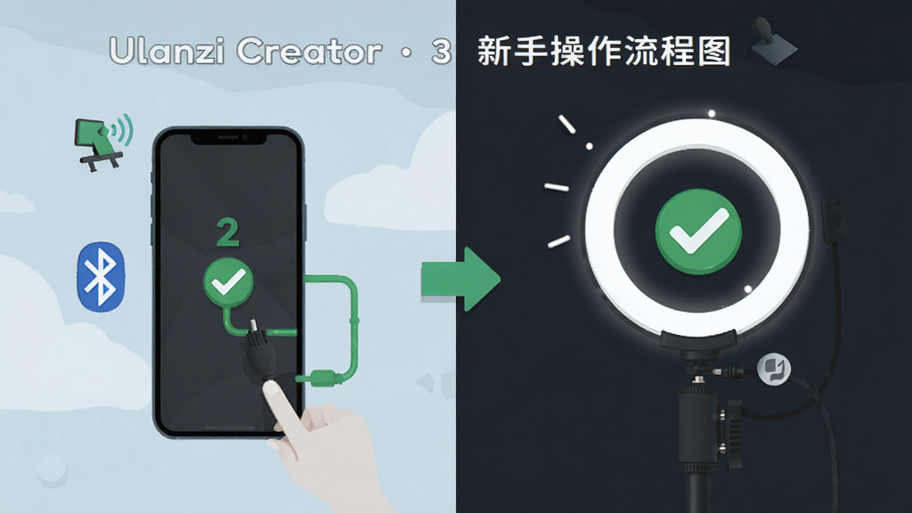 Ulanzi Creator 新手操作流程图,主体为手机与补光灯连接示意,布局为左右分步展示,排版清晰,风格扁平插画,细节包括蓝牙图标、连接线、步骤数字、成功打勾标识,画质高清,干净,无多余元素