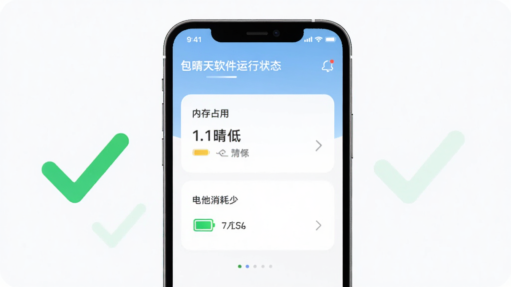 包晴天软件运行状态示意图,手机屏幕显示内存占用低、电池消耗少的简洁面板,旁边有绿色对勾图标,背景干净,风格科技简约,画质高清,无多余元素