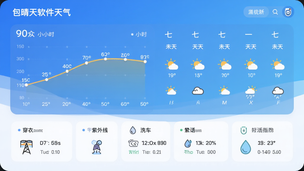 包晴天软件天气详情页界面,展示逐小时温度曲线和未来七天天气图标,下方排列穿衣、紫外线、洗车等生活指数卡片,蓝白渐变背景,布局整齐,风格清爽,画质高清,无多余元素