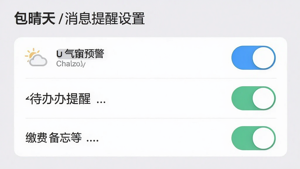 包晴天消息提醒设置界面,展示天气预警、待办提醒、缴费备忘等开关选项,界面为浅灰色背景,开关按钮清晰,排版规整,风格素雅,画质高清,无多余元素