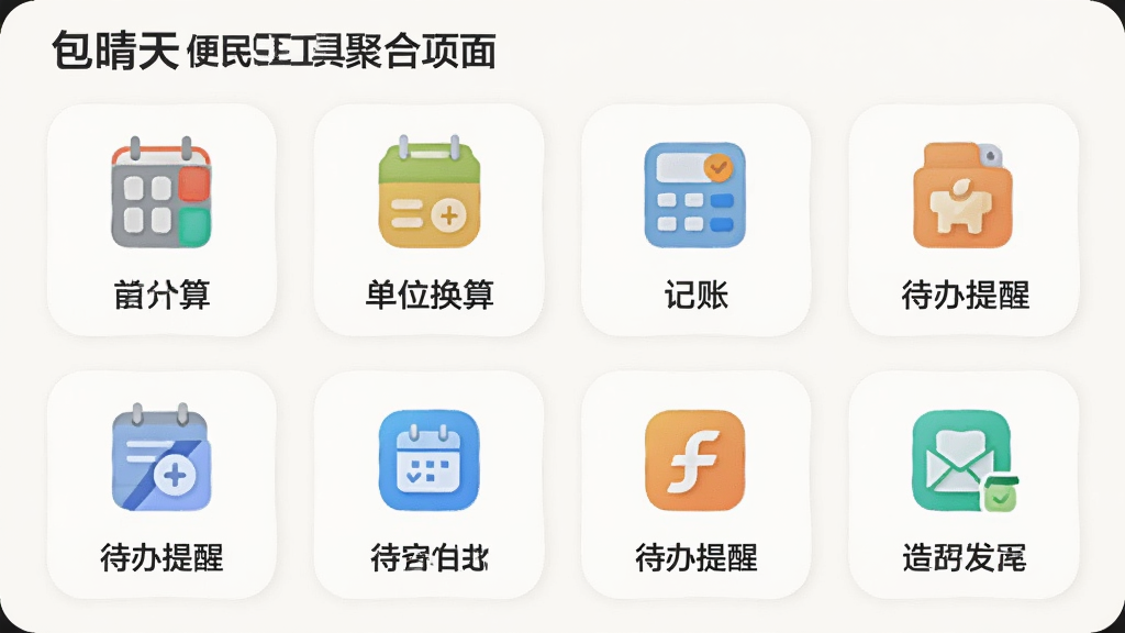 包晴天便民工具聚合页面,网格状排列日期计算、单位换算、记账、待办提醒等图标,每个图标下方有中文标签,浅色背景,圆角卡片设计,风格简洁,画质清晰,无多余元素