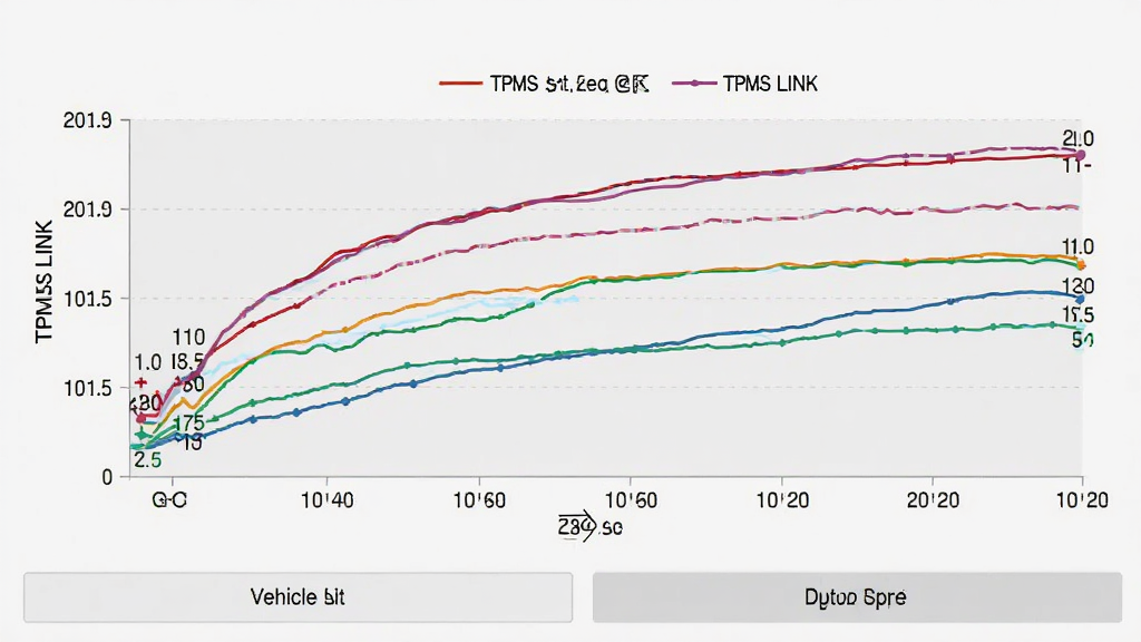 TPMS LINK应用的数据记录页面截图,画面展示一个折线图,横轴为日期,纵轴为胎压数值,四条不同颜色的曲线代表四个轮胎,图表下方有车辆切换按钮和数据导出选项,界面背景为浅灰色,风格为简洁商务风,细节包括图例标注、日期刻度、数值标签,画质高清,干净,无多余元素