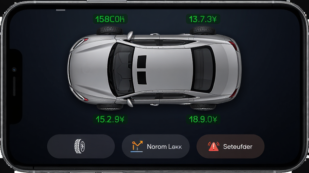 TPMS LINK应用的主界面特写,手机屏幕显示一辆银色轿车的俯视图,四个轮胎位置分别标注绿色正常数值,屏幕底部有设置、记录、报警三个功能按钮,背景为深色渐变,风格为现代极简UI,细节包括轮胎图标、数值字体、按钮圆角,画质高清,干净,无多余元素