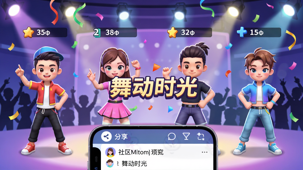 ����չʾһ������Ķ����赸���䣬��λ���ߵĿ�ͨ������վ����ÿ����ͷ����ʾ��������������������̨�ƹ�͹���ϯ��Ӱ�������·���һ���ֻ���ʾ������ť��������̬�����Ϊ���ÿ�ͨ��Ⱦ��ɫ�����ޣ�ϸ�ڰ����ƹ���Ρ��ʴ�Ʈ�䡢�ֻ�����ͼ�ꡣ���������С��趯ʱ�⡱���֣������������������ֵ������ҡ�