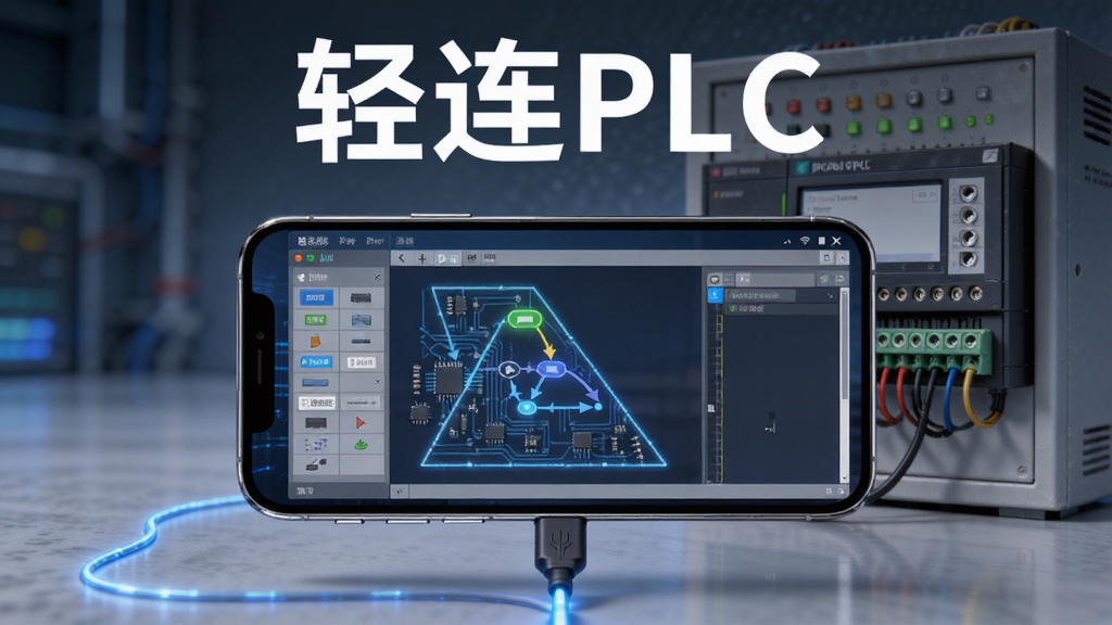 画面中央一部智能手机横屏显示,屏幕上呈现梯形图编程界面,左侧为元件工具栏,右侧为程序编辑区,手机下方连接一条发光的蓝色数据线延伸至背景中一台工业PLC控制柜,柜体上有指示灯和接线端子,整体布局为居中构图,上方留白处用白色粗体字写