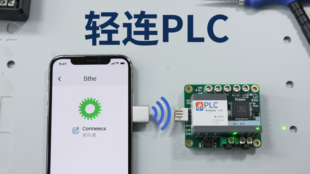 画面中央一部智能手机与一台小型PLC模块通过蓝牙无线连接,手机屏幕显示连接成功界面,PLC模块上有绿色通信指示灯闪烁,背景为简洁的浅灰色工作台面,上方用深蓝色粗体字写
