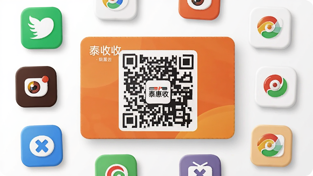 一张AI生成的收款场景图,画面中央为一张“泰惠收”聚合收款码卡片,卡片上印有“泰惠收”文字标识,周围环绕多个支付图标元素,布局采用中心对称构图,风格为简洁商务插画风,细节包括卡片光影与图标质感,画质高清,背景干净,无多余元素