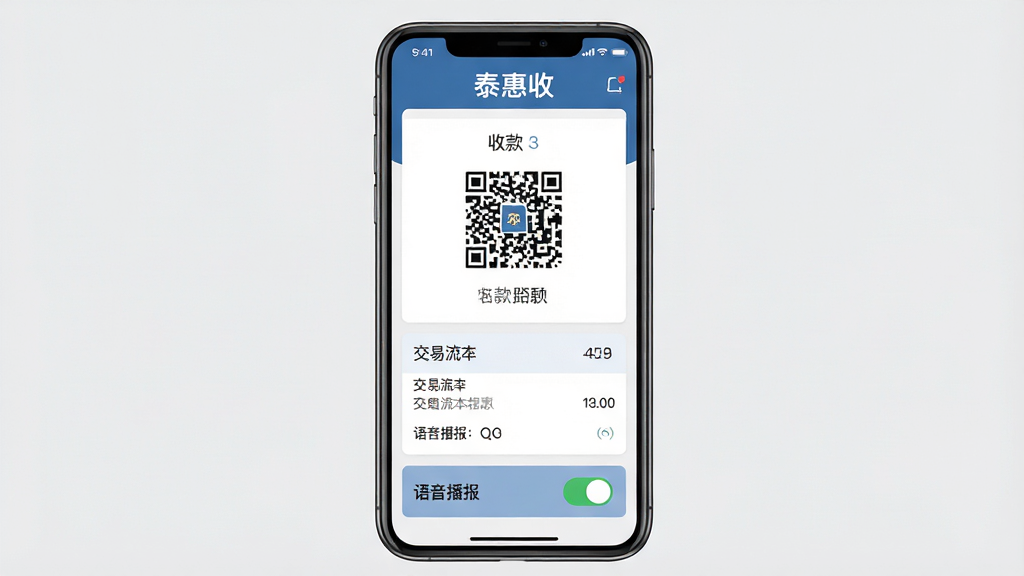 一张干净简洁的软件界面展示图,画面中央放置一部智能手机,手机屏幕上显示“泰惠收”商户收款主界面,顶部有“泰惠收”文字标识,界面包含收款码、交易流水、语音播报开关等模块,背景为浅灰色纯色,主体突出,布局居中,排版整齐,风格为现代扁平化UI设计,细节清晰,画质高清,无多余元素