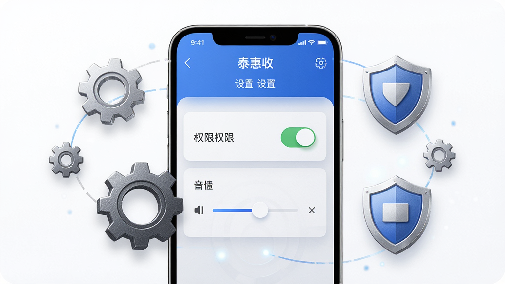 一张AI生成的使用技巧示意图,画面中央为一部手机,屏幕显示“泰惠收”设置页面,页面中有权限开关与音量调节滑块,手机周围环绕齿轮与盾牌图标,布局为居中构图,风格为简洁科技风,细节包括图标质感与界面层次,画质高清,背景干净,无多余元素