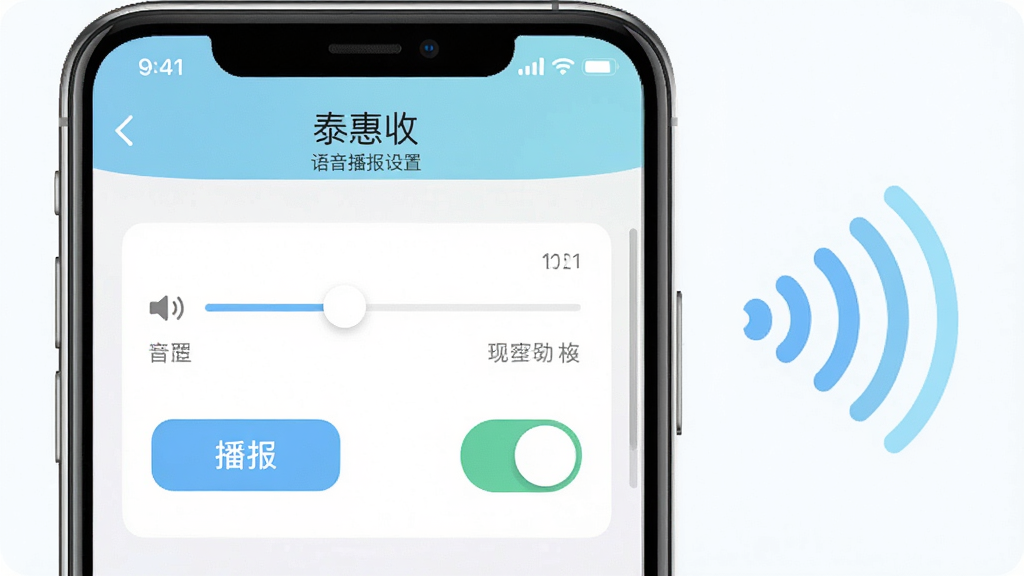 一张AI生成的语音播报功能展示图,画面中央为一部手机,手机屏幕显示“泰惠收”语音播报设置界面,界面中有音量滑块与播报开关,手机旁边有一个声波图标,布局为左右结构,风格为清新浅色扁平化设计,细节包括界面按钮与声波动效,画质高清,背景干净,无多余元素