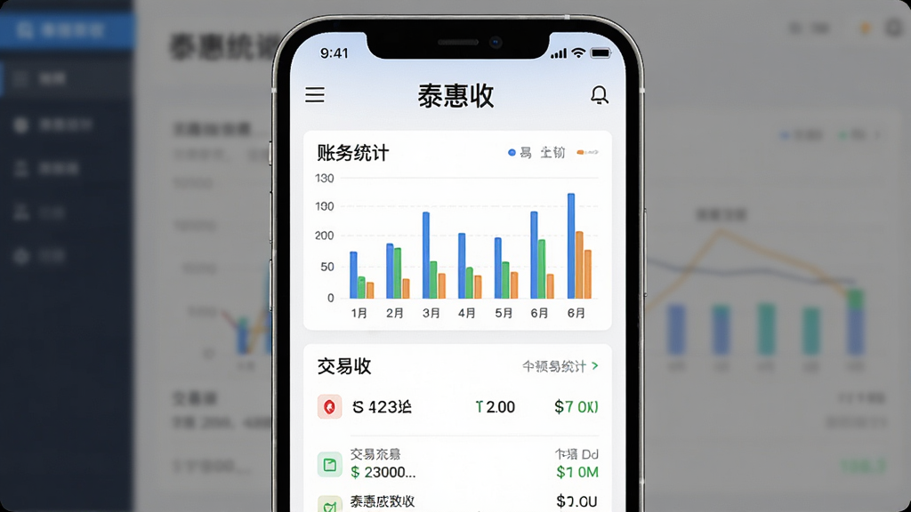 一张AI生成的数据统计界面图,画面中央为一部手机,屏幕显示“泰惠收”账务统计页面,页面包含柱状图与交易列表,顶部有“泰惠收”文字标识,布局为上下结构,风格为简约商务风,细节包括图表配色与数据卡片,画质高清,背景干净,无多余元素
