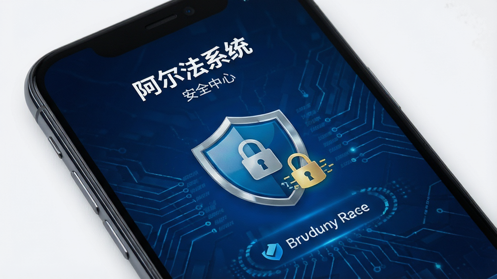 手机屏幕显示“阿尔法系统”安全中心页面,带有盾牌图标和加密标识,背景为深蓝色科技纹理,风格安全可靠,画质高清,干净无多余元素