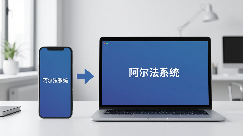 一部手机和一台笔记本电脑并排摆放,屏幕均显示“阿尔法系统”界面,中间有同步箭头连接,背景为简约办公环境,风格商务清新,画质高清,干净无多余元素