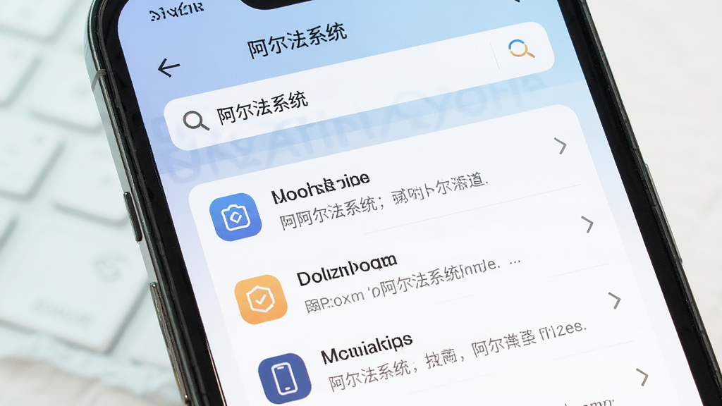 一部手机屏幕展示“阿尔法系统”搜索界面,搜索结果以列表形式呈现,带有图标和文字摘要,背景为浅色渐变,风格现代简洁,画质清晰,干净无多余元素