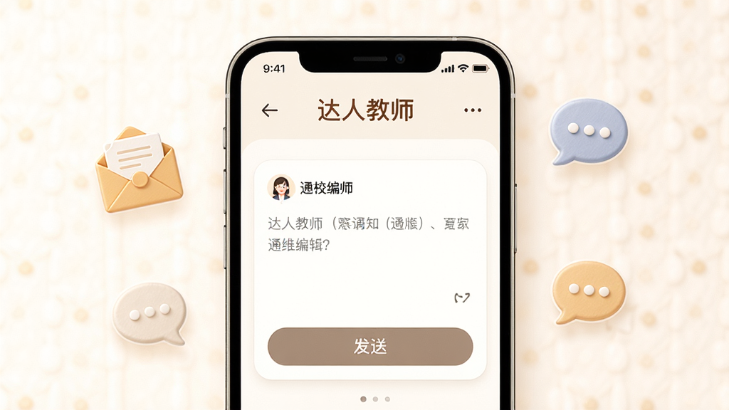 ��������Ϊ�����˽�ʦ����У֪ͨ���棬�ֻ���Ļ��ʾ֪ͨ�༭��ͷ��Ͱ�ť����Χ���ŷ⡢�Ի�����ͼ�꣬����Ϊů��ɫ�����־��У������ܰ��࣬ϸ����������ʸ��壬�ɾ��޶���Ԫ��
