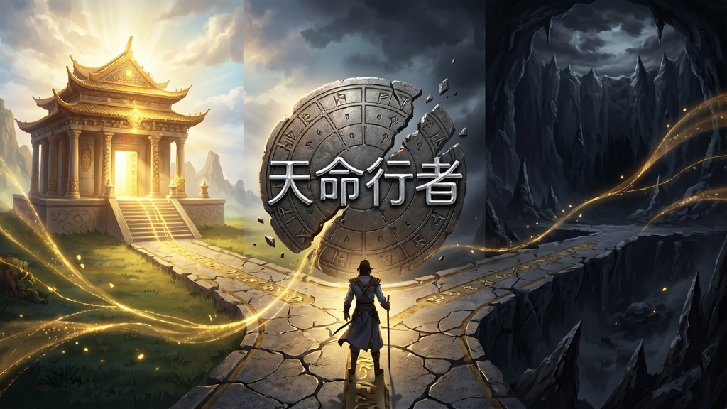 画面主体为一位行者站在三岔路口,左侧是光明神殿,右侧是幽暗深渊,中间是破碎的命盘,布局采用左右对称的三分法构图,排版上软件名称“天命行者”以银色篆体刻在命盘中央,风格为玄幻史诗插画,细节包括飘散的金色命运丝线、两侧截然不同的光影效果、地面碎裂的纹路,画质超高清,干净,无多余元素
