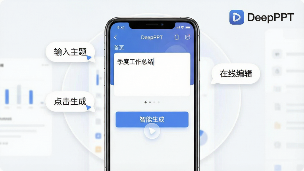 һ��չʾDeepPPT�ƶ��˲��������ʾ��ͼ��������һ���ֻ�������ʾDeepPPTӦ����ҳ���������д�š����ȹ����ܽᡱ���·���һ����Ŀ�ġ��������ɡ���ť����Ļ��Χ�����ż��������Ĳ�����ʾ���ݣ��ֱ�д�š��������⡱��������ɡ������߱༭�����������ϽǴ��С�DeepPPT����ʶ�����ֲ����ֻ�����չʾ�����Ϊ��ˬ���ƶ���UIչʾ���ϸ����ͻ����ť�ĵ����������Σ����ʸ��塢�ɾ����޶���Ԫ��