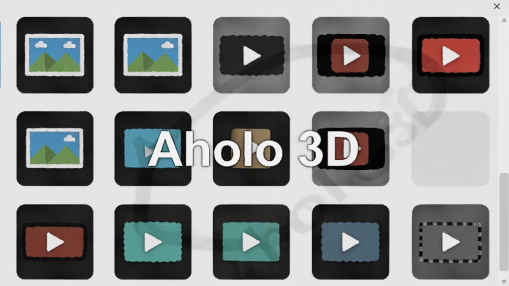Aholo 3D �ĵ������ý��棬��ʾ���ָ�ʽͼ�꣬����ͼƬ����Ƶ��ʽ������Ϊǳ��ɫ�������м���