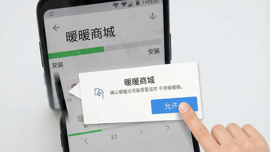 一张展示安卓手机安装暖暖商城过程的示意图,画面中手机屏幕上显示安装进度条和权限确认弹窗,旁边有手指点击“允许”按钮的动作,背景为浅灰色,风格简洁,布局清晰,细节干净,画质清晰,无多余元素,画面中文字为“暖暖商城”和“安装”