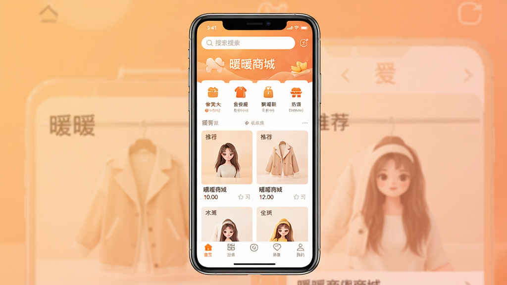 一张展示暖暖商城手机应用主界面的预览图,画面中央是一部竖屏智能手机,屏幕上显示暖暖商城首页,顶部有搜索栏,中部是商品分类图标和推荐商品卡片,底部是导航栏,背景为柔和的暖橙色渐变,整体风格清新明亮,细节清晰,画质干净,无多余元素,画面中文字为“暖暖商城”,布局居中,排版整齐