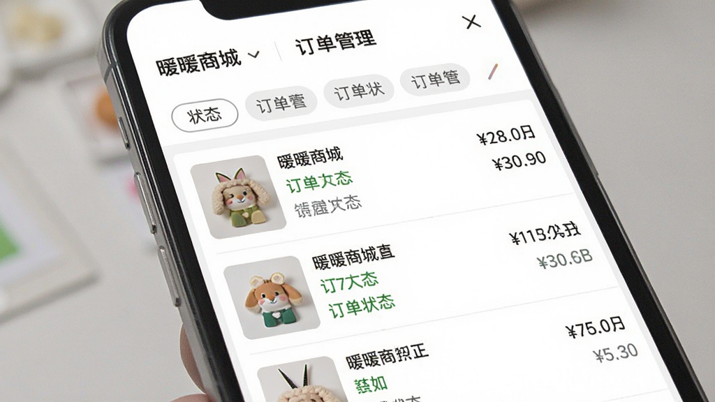 一张展示暖暖商城订单管理页面的手机截图风格图,画面中手机屏幕上显示订单列表,每条订单有商品缩略图、订单状态和金额,顶部有状态筛选标签,背景为白色,风格简约,布局清晰,细节干净,画质清晰,无多余元素,画面中文字为“暖暖商城”和订单状态