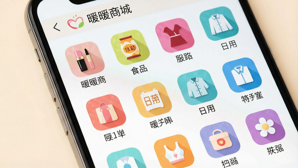 一张展示暖暖商城商品分类页面的场景图,画面为手机屏幕特写,屏幕上排列着多个彩色商品分类图标,包括美妆、食品、服饰、日用等,每个图标下方有中文标签,背景为浅色,风格简洁明快,布局整齐,细节清晰,画质干净,无多余元素,画面中文字为“暖暖商城”和分类名称