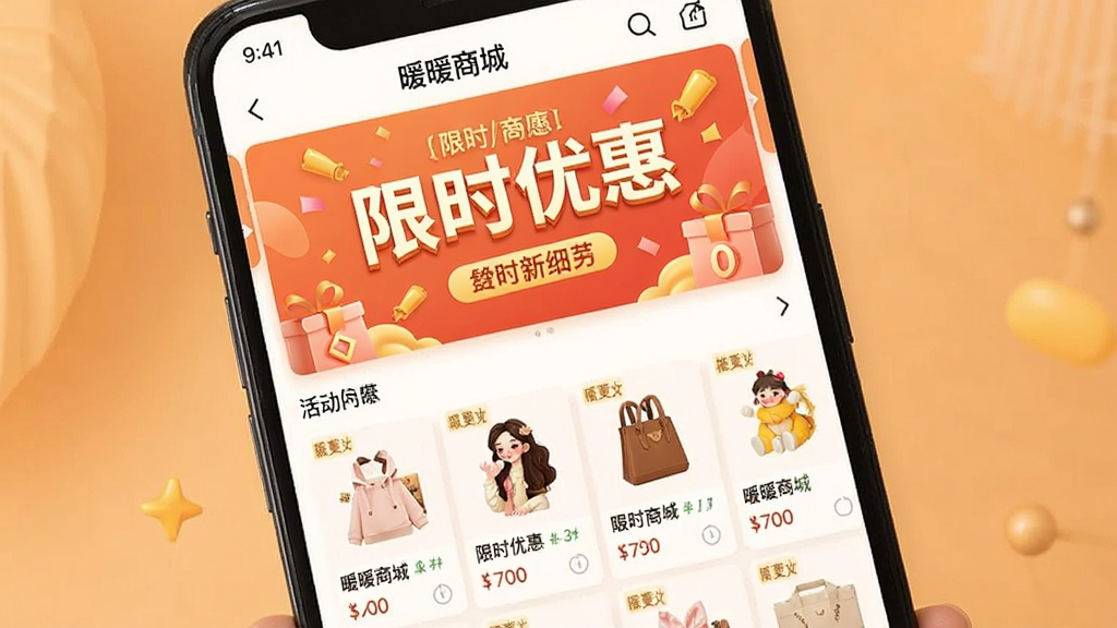 一张展示暖暖商城活动专区的手机界面图,画面中手机屏幕上显示活动横幅和商品推荐,横幅上有“限时优惠”字样,下方是商品列表,背景为暖色调,风格活泼,布局紧凑,细节清晰,画质干净,无多余元素,画面中文字为“暖暖商城”