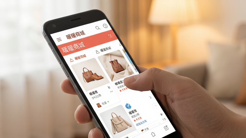 一张展示暖暖商城在安卓手机上操作手势的示意图,画面中一只手拿着手机,拇指正在点击屏幕上的商品卡片,手机屏幕显示暖暖商城商品详情页,背景为柔和室内光,风格写实,布局自然,细节清晰,画质干净,无多余元素,画面中文字为“暖暖商城”