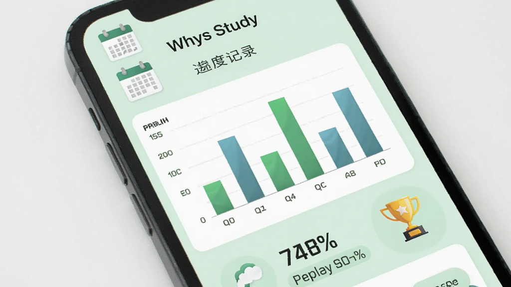 Whys Study ���ȼ�¼ҳ�棬�ֻ���Ļչʾ��״ͼ����ɰٷֱȣ�����Ϊǳ��ɫ���������������ͽ���ͼ�꣬����Լ���񣬻����������޶���Ԫ��