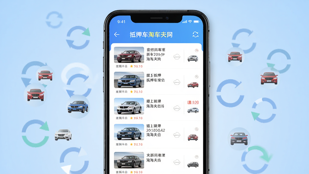 一个智能手机展示抵押车淘车夫网APP中大量车辆列表滚动更新的画面,屏幕中显示