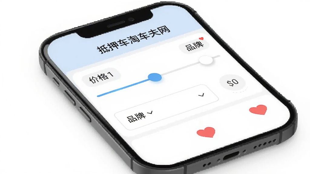 手机屏幕展示抵押车淘车夫网APP的筛选和收藏功能界面,屏幕中显示价格滑块、品牌下拉菜单和收藏心形图标,顶部有