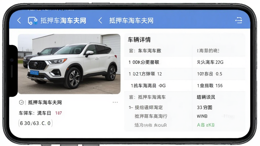 手机界面展示抵押车淘车夫网APP的车辆详情页面,页面中显示一辆白色SUV的照片以及详细的车辆参数表格,顶部有