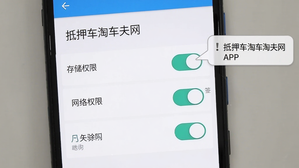 一部安卓手机屏幕展示抵押车淘车夫网APP的设置和权限管理界面,屏幕中显示