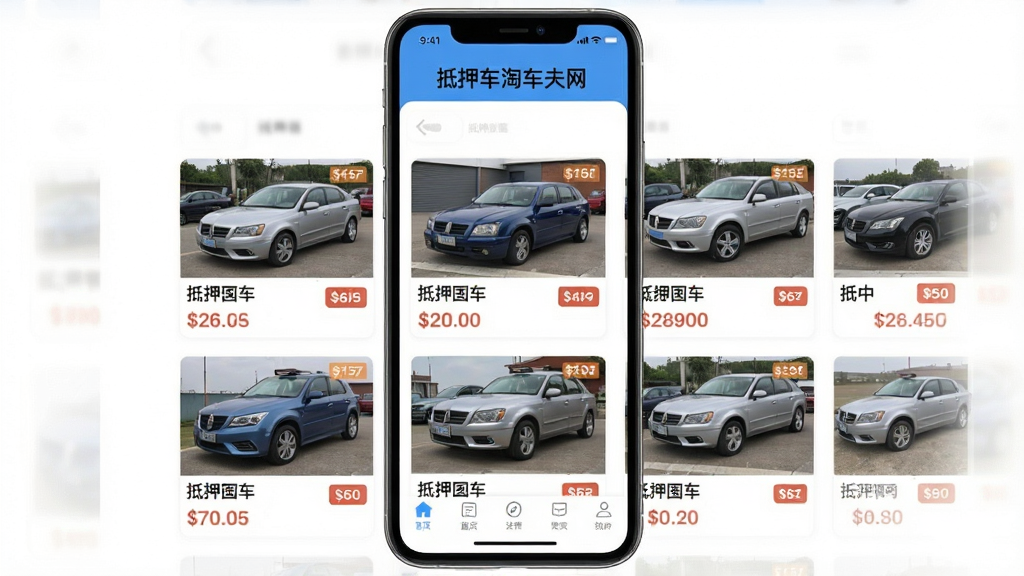 一张手机屏幕展示抵押车淘车夫网APP首页界面,页面顶部显示软件名称