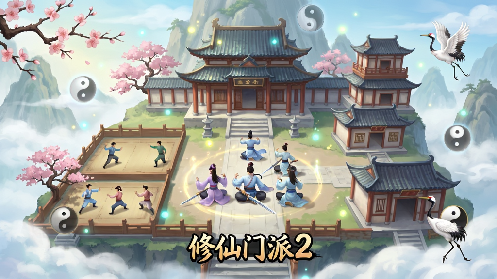 一幅竖版安卓手机游戏画面,主体是一座建立在云雾缭绕的仙山上的中式修仙门派建筑群,包含主殿、练功场、丹房、藏经阁,布局错落有致,画面中央有几位身穿飘逸汉服的门派弟子在打坐练剑,整体排版为手机屏幕比例,风格为唯美中国风仙侠插画,细节上加入桃花树、仙鹤、灵气光点、太极图案等元素,画质高清,色彩柔和明亮,干净无多余文字,画面中可自然出现“修仙门派2”字样作为游戏Logo,无杂乱水印。
