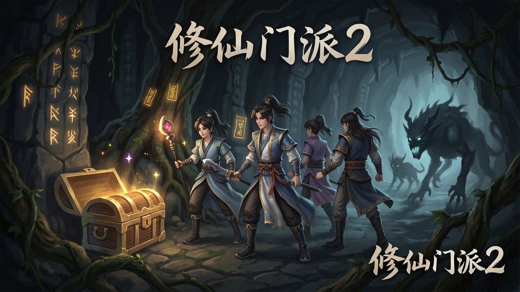 一副修仙门派2秘境探索场景插画,主体是一支由三名弟子组成的小队进入幽暗洞穴,前方有发光的宝箱与妖兽影子,布局为横版探险视角,排版突出角色与场景,风格为暗色调仙侠奇幻,细节包括符咒光芒、古树藤蔓、石壁刻文,画质细腻,干净无多余元素,画面中自然融入“修仙门派2”文字。
