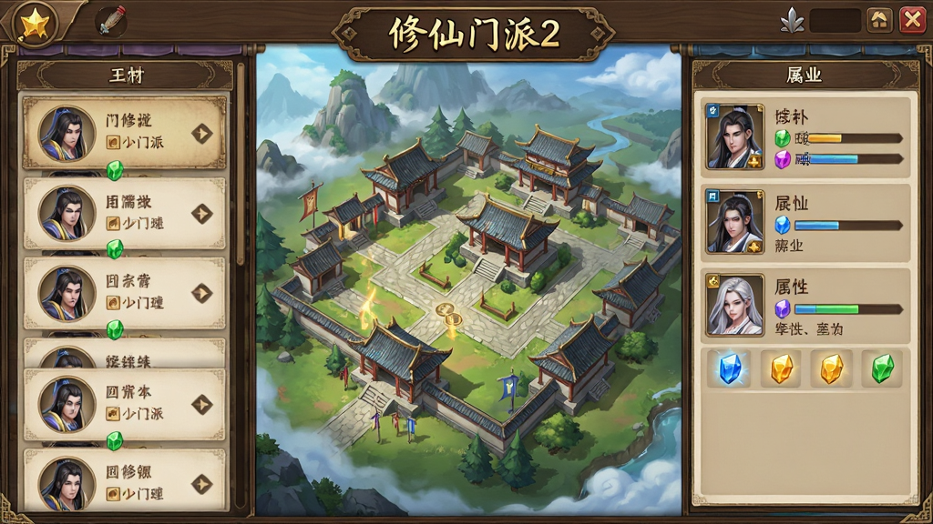 一副仙侠风格的游戏界面截图风格插画,主体是修仙门派2的门派管理主界面,画面左侧为门派建筑列表,右侧为弟子头像与属性面板,中央是宗门全景俯视图,布局清晰,排版为手机横屏或竖屏适配,风格为古风UI设计,细节包括木质边框、卷轴背景、灵石图标、修为进度条,画质精细,干净整洁,画面中带有“修仙门派2”文字标识,无多余杂乱元素。