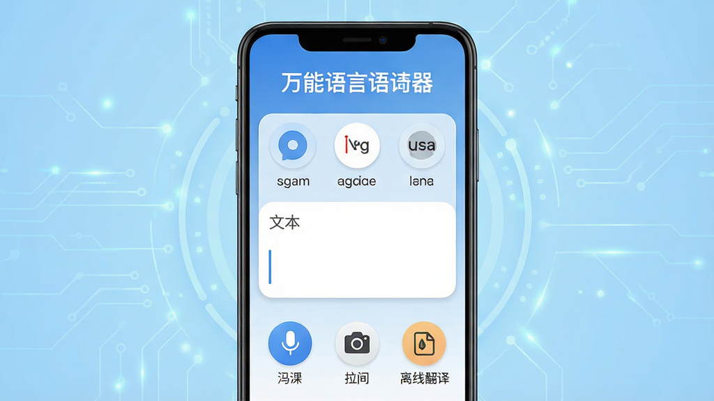 一张展示万能语言翻译器手机应用界面的图片。主体为一部竖直放置的安卓智能手机,屏幕中显示万能语言翻译器的主界面,顶部有“万能语言翻译器”文字标题,中部为语言选择栏和文本输入框,底部排列语音、拍照、离线翻译功能图标。布局采用居中构图,手机置于画面中央,背景为浅蓝色渐变科技感底纹,风格简洁现代,细节包括圆角图标和清晰的文字标签,画质高清,画面干净,无多余元素。
