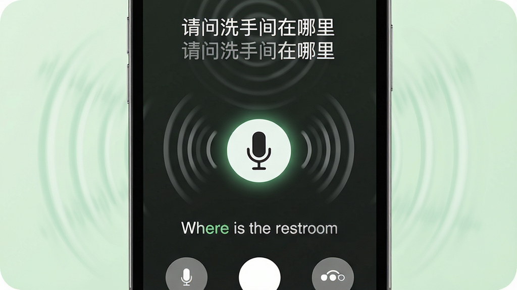 一部手机展示万能语言翻译器语音翻译功能,屏幕中麦克风图标处于高亮状态,声波图案向外扩散,上方显示识别出的中文“请问洗手间在哪里”,下方显示英文译文“Where is the restroom”。布局为手机正面特写,背景为柔和的浅绿色,风格为现代简约,细节包括清晰的声波动效和圆角按钮,画质高清,画面干净,无多余元素。