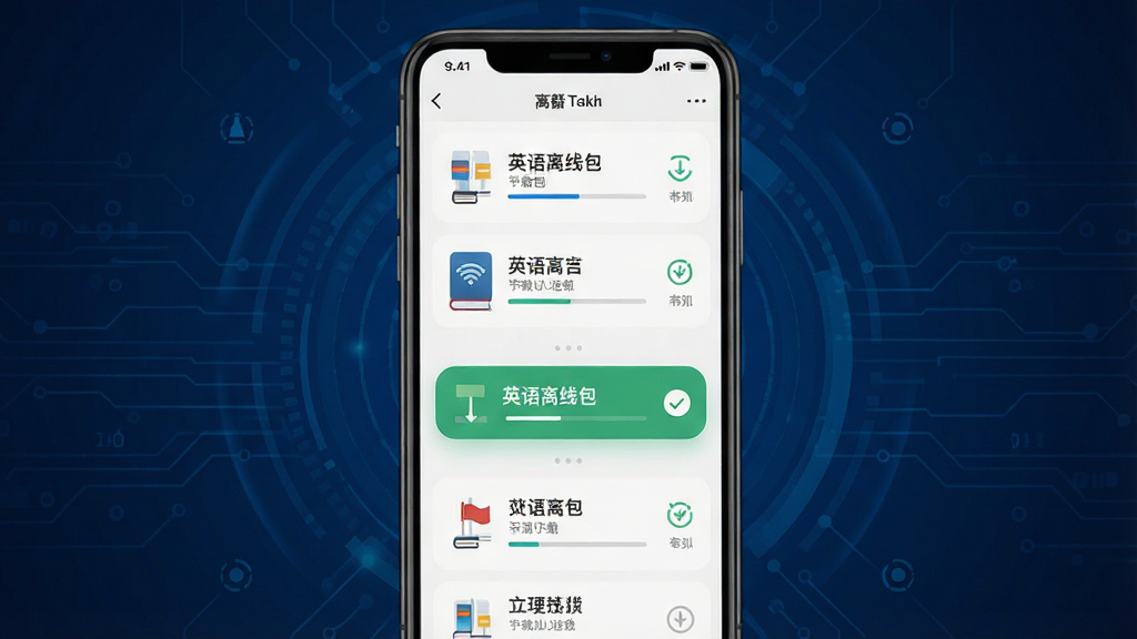 一部手机展示万能语言翻译器离线翻译设置界面,屏幕中显示多个语言包的下载按钮,其中“英语离线包”显示已下载状态,旁边有对勾图标。布局为手机居中,背景为深蓝色科技感底纹,风格为扁平化设计,细节包括下载进度条和清晰的文字标签,画质高清,干净整洁,无多余元素。