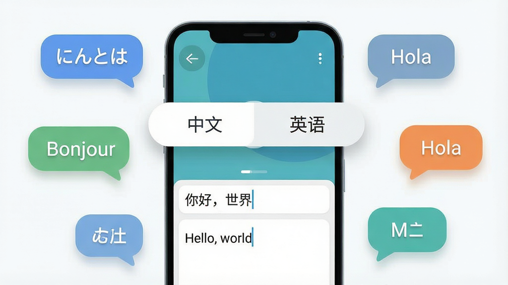 一部安卓手机屏幕显示万能语言翻译器多语种翻译界面,画面中央是语言切换栏,左侧显示“中文”,右侧显示“英语”,下方是输入框和译文区域,输入框内写着“你好,世界”,译文区域显示“Hello, world”。手机周围漂浮着多个不同语言的文字气泡,如“こんにちは”“Bonjour”“Hola”。布局为手机居中,气泡环绕四周,风格为清新扁平化,细节包括柔和的阴影和圆润的图标,画质高清,干净整洁,无多余元素。